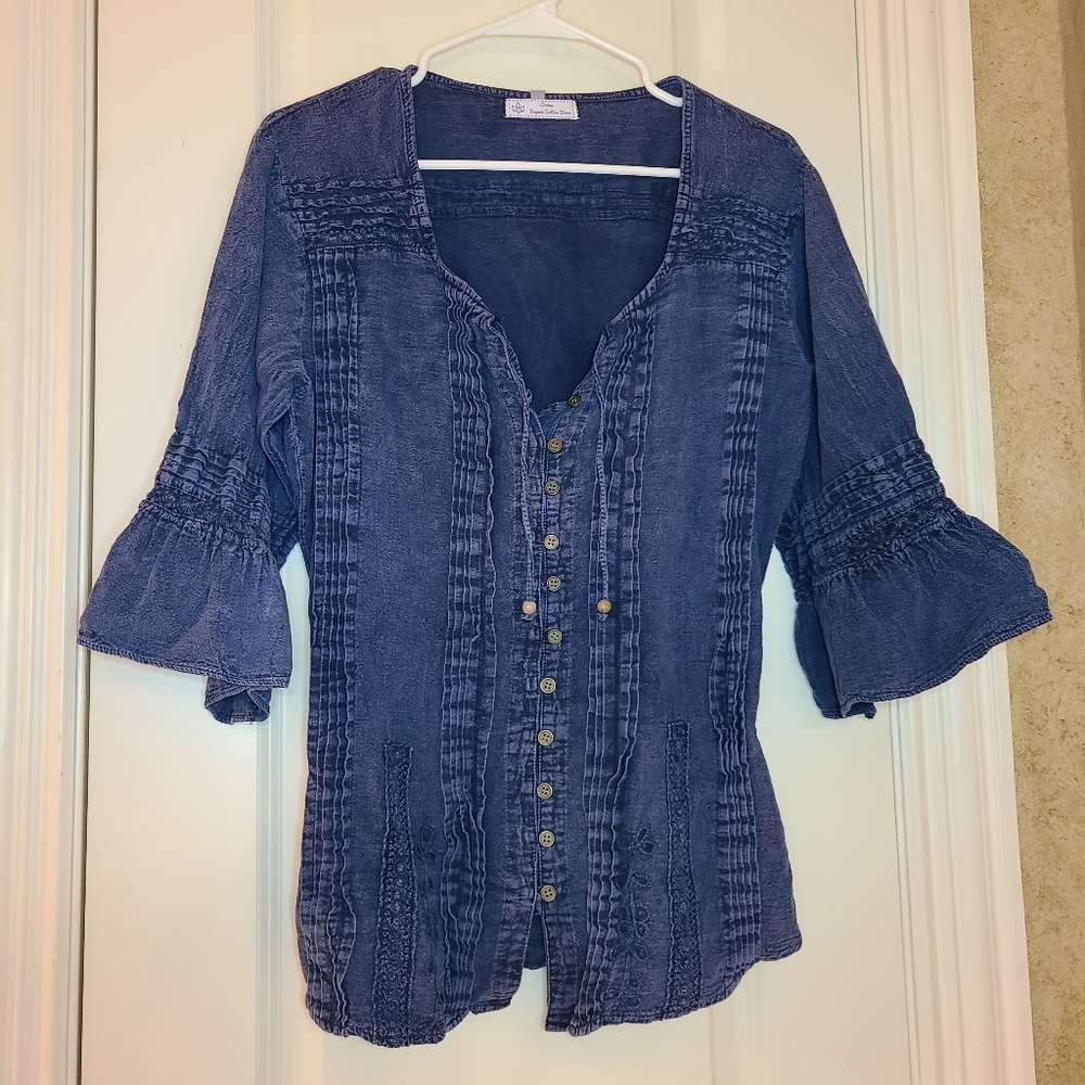 Lirome Organic Cotton Store Button-Down Boho Bell Sleeve Top Blue Medium